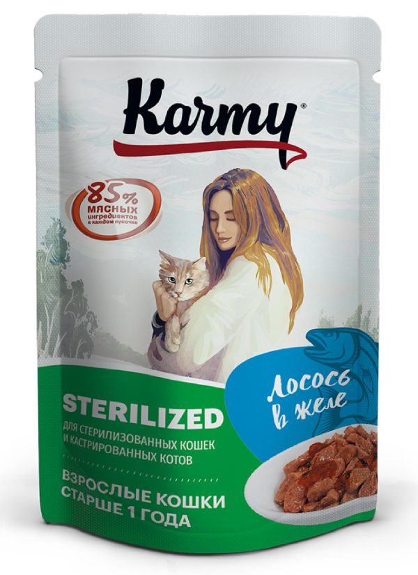 паучи для стерилизованных кошек и кастрированных котов с лососем в желе (80 г)