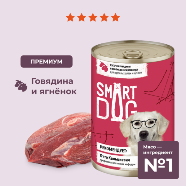 Консервы для взрослых собак и щенков кусочки говядины и ягненка в нежном соусе. Влажный корм (850 г)