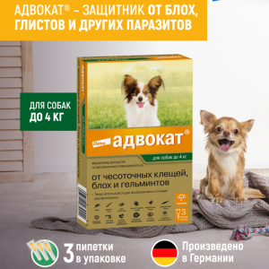 Адвокат® капли на холку от чесоточных клещей, блох и гельминтов для собак от 1 до 4кг – 3 пипетки (3 * 0,4 мл)