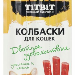 Колбаски для кошек Двойное удовольствие с цыпленком и печенью, блистер, 15 г (15 г)