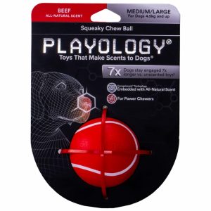 жевательный мяч Playology SQUEAKY CHEW BALL с пищалкой и с ароматом говядины, цвет красный (169 г)