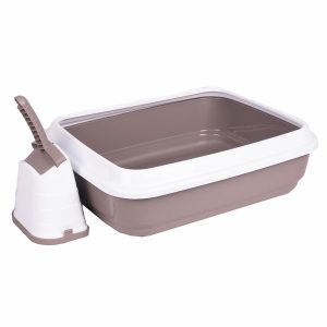 Туалет-лоток для кошек с совочком на подставке, серо-бежевый (980 г)