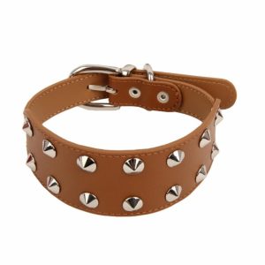 Кожаный ошейник с металлическими клепками, коричневый (XL)
