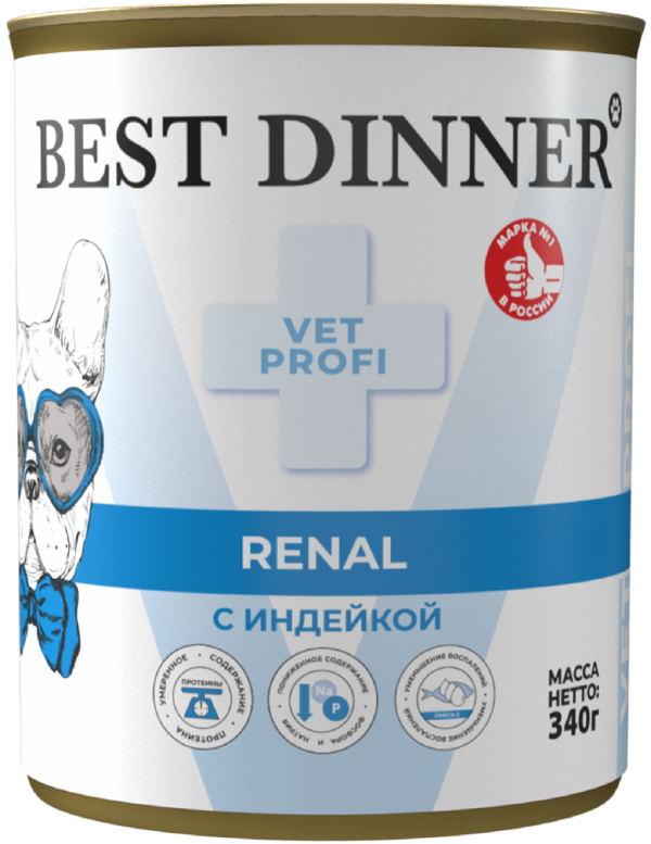 Влажный корм при заболеваниях почек у взрослых собак с индейкой Renal (340 г)