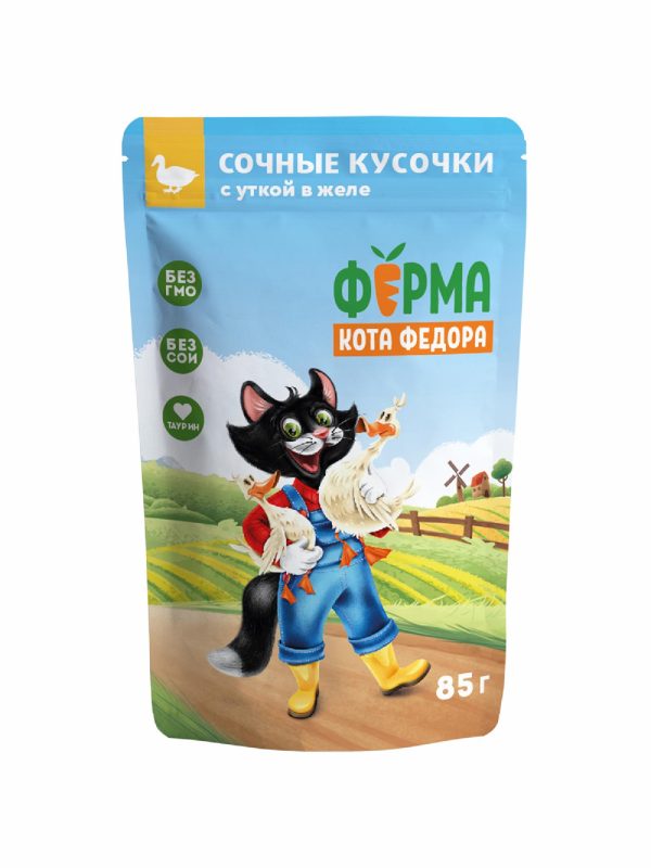 Бокс 24 шт. Паучи для кошек Ферма кота Фёдора сочные кусочки в желе для кошек с уткой 85г (2 кг)