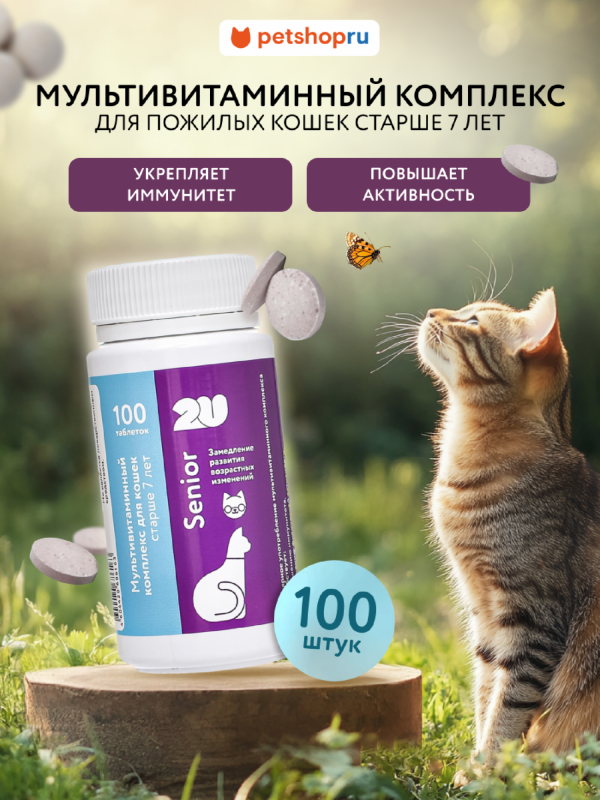 Мультивитаминный комплекс для пожилых кошек для поддержания иммунитета и замедления развития возрастных изменений, Senior Care, 100шт (100 таб.)