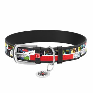 Ошейник для собак кожаный "Design" с QR паспортом, с рисунком "Бэтмен1", черный (S)