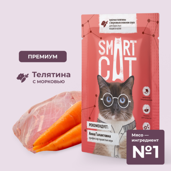 Паучи для взрослых кошек и котят кусочки телятины с морковью в нежном соусе. Влажный корм (85 г)