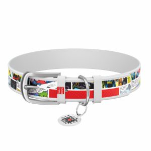 Ошейник для собак кожаный "Design" с QR паспортом, с рисунком "Бэтмен1", белый (L)