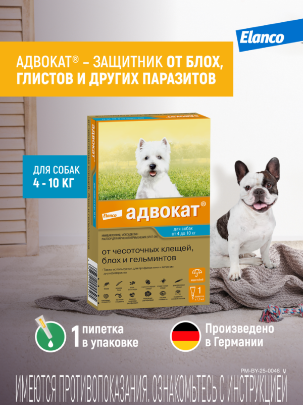 Адвокат® капли на холку от чесоточных клещей, блох и гельминтов для собак от 4 до 10кг – 1 пипетка (37 г)