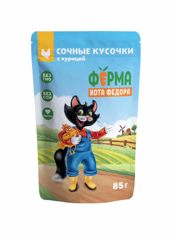 Бокс 24 шт. Паучи для кошек Ферма кота Фёдора для кошек, сочные кусочки с курицей (2 кг)