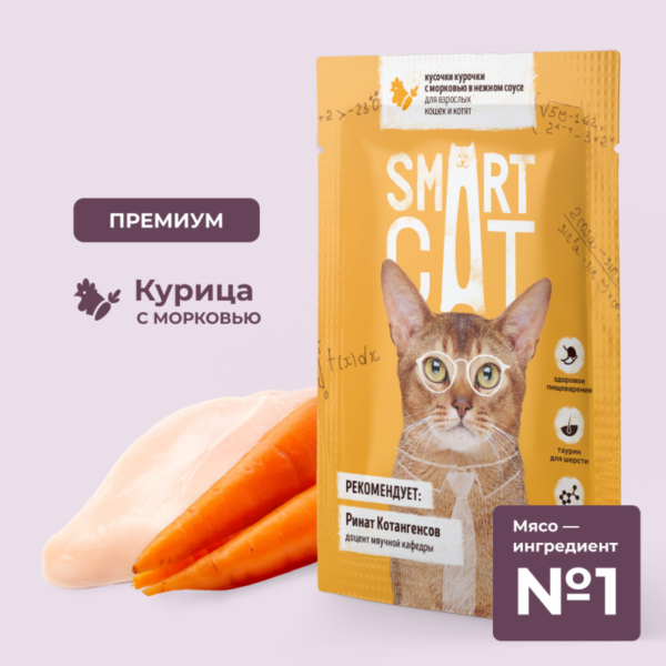 Паучи для взрослых кошек и котят кусочки курочки с морковью в нежном соусе. Влажный корм (85 г)