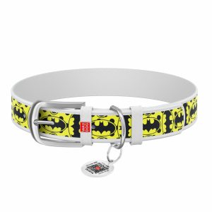 Ошейник для собак кожаный "Design" с QR паспортом, с рисунком "Бэтмен4", белый (M)