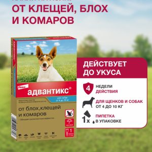 Адвантикс®  для собак от 4 до 10 кг для защиты от блох, иксодовых клещей и летающих насекомых и переносимых ими заболеваний. 1 пипетка в упаковке. (1 * 1 мл)