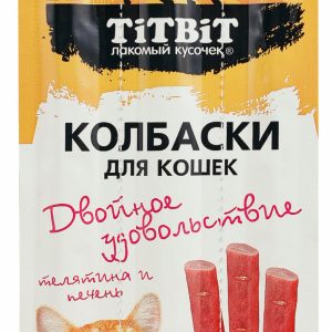 Колбаски для кошек Двойное удовольствие с телятиной и печенью, блистер, 15 г (15 г)