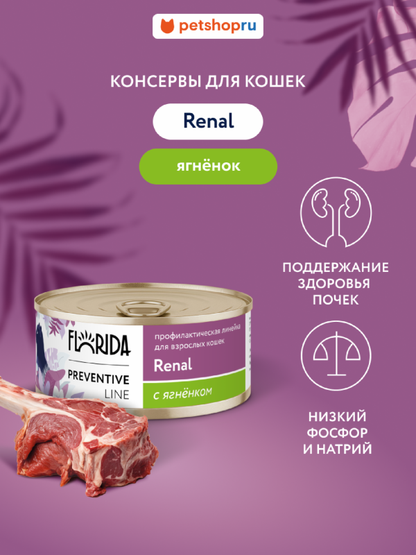 Renal для кошек для поддержания здоровья почек, с ягненком. Влажный, ветеринарный, диетический корм (100 г)