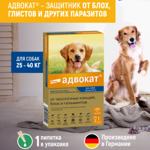 Адвокат® капли на холку от чесоточных клещей, блох и гельминтов для собак от 25кг – 1 пипетка (4,0 мл)