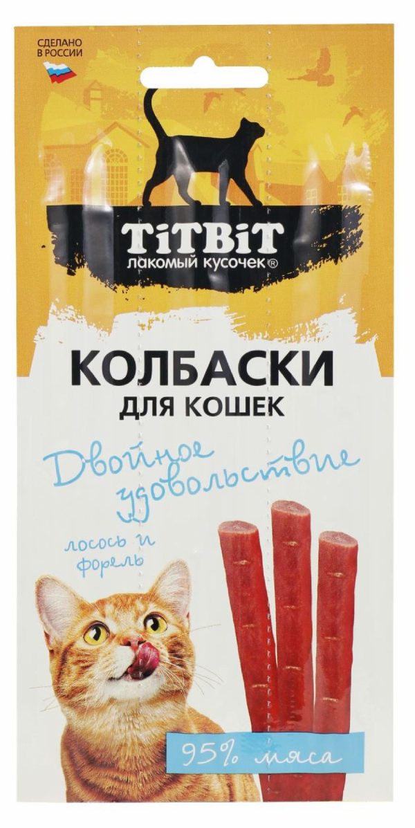 Колбаски для кошек Двойное удовольствие с лососем и форелью, блистер, 15 г (15 г)