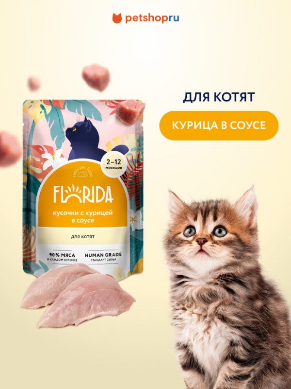 Для котят: кусочки с курицей в соусе, 1 шт. Влажный корм (85 г)