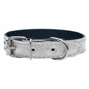 Ошейник кожаный "SILVER" серебристый, 2 слоя (16-22 см)