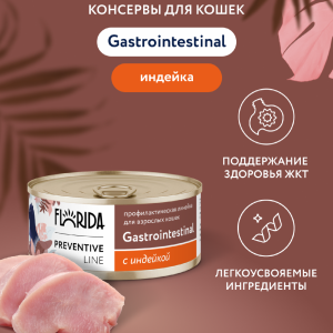 Gastrointestinal для кошек для поддержания здоровья пищеварительной системы, с индейкой. Влажный, ветеринарный, диетический корм (100 г)