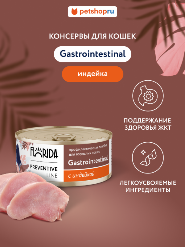 Gastrointestinal для кошек для поддержания здоровья пищеварительной системы, с индейкой. Влажный, ветеринарный, диетический корм (100 г)