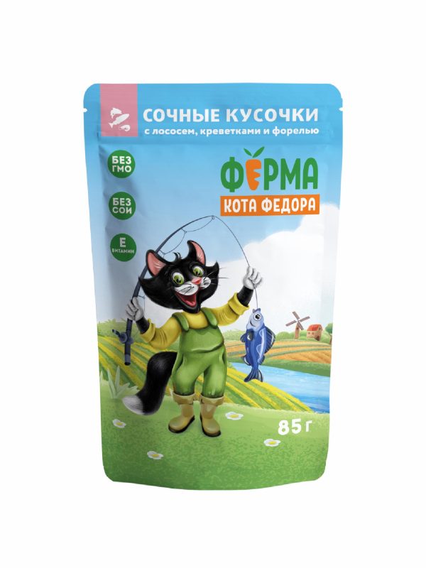 Бокс 24 шт. Паучи для кошек Ферма кота Фёдора рыбные кусочки для кошек с лососем, креветками и форелью 85г (2 кг)