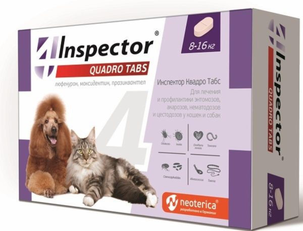Таблетки Quadro для кошек и собак 8-16 кг, от глистов, насекомых, клещей (4 таб.)