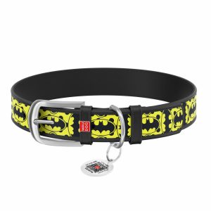 Ошейник для собак кожаный "Design" с QR паспортом, с рисунком "Бэтмен 4", черный (XL)
