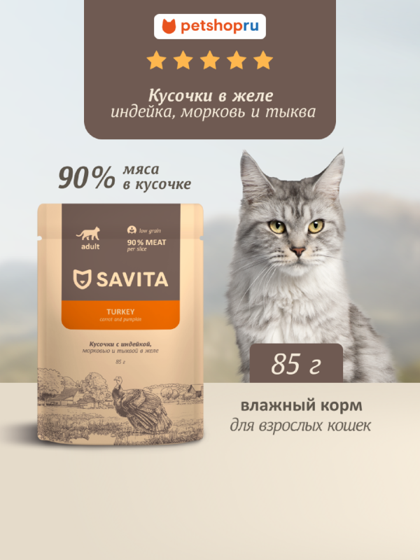 Влажный корм для взрослых кошек с индейкой, морковью и тыквой в желе, Turkey (85 г)