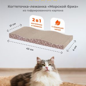 Картонная когтеточка лежанка для кошек и собак "Морской бриз" с мятой, 43х21х4 см (400 г)