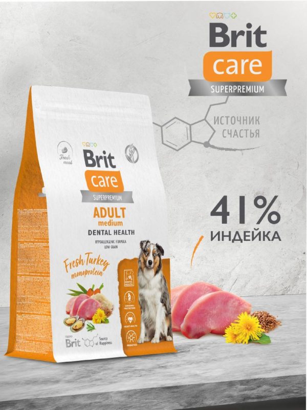Сухой корм с индейкой для взрослых собак средних пород, для здоровья зубов (12 кг)