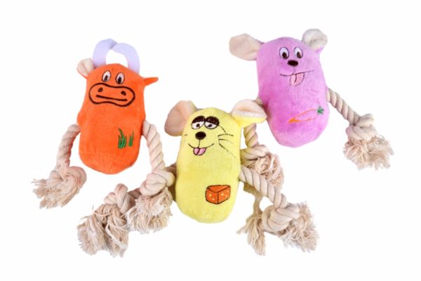 Игрушка-пищалка для собак Мышь с канатами в ассортименте (10х6х5 см)