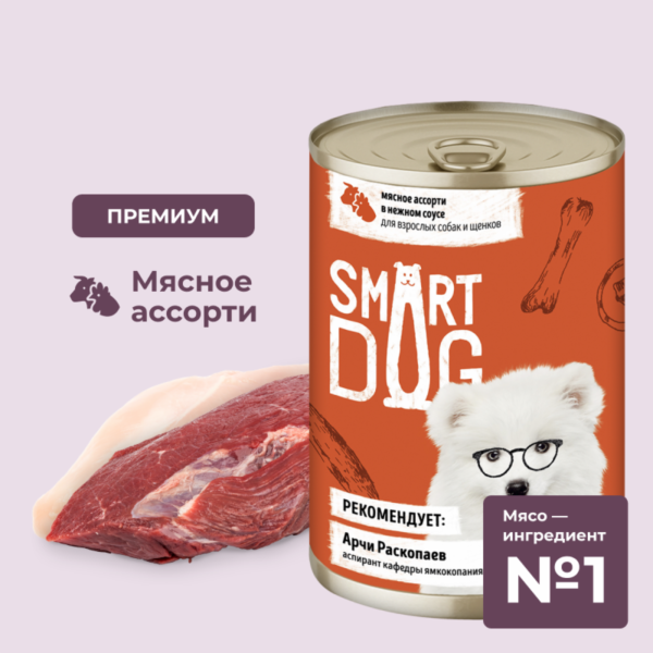 Консервы для взрослых собак и щенков мясное ассорти в нежном соусе. Влажный корм (850 г)
