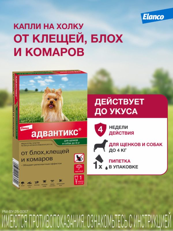 Адвантикс®  для собак весом до 4 кг для защиты от блох, иксодовых клещей, летающих насекомых и переносимых ими заболеваний. 1 пипетка в упаковке. (1 * 0,4 мл)