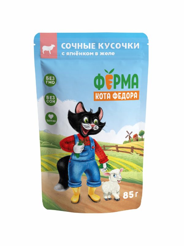 Бокс 24 шт. Паучи для кошек Ферма кота Фёдора сочные кусочки в желе для кошек с ягненком 85г (2 кг)