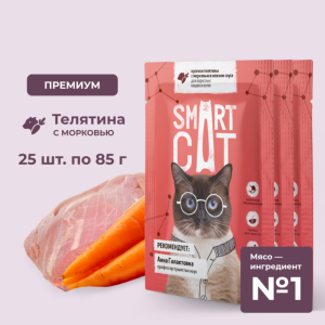 "Упаковка 25 шт" Паучи для взрослых кошек и котят кусочки телятины с морковью в нежном соусе. Влажный корм (25 шт)