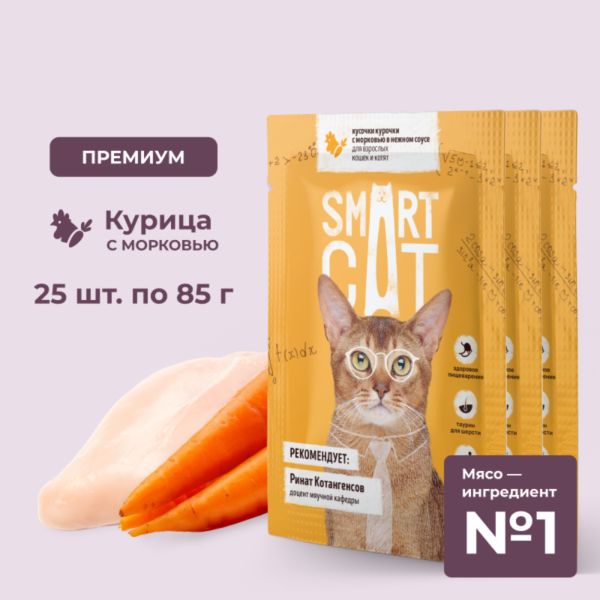 "Упаковка 25 шт" Паучи для взрослых кошек и котят кусочки курочки с морковью в нежном соусе. Влажный корм (25 шт)