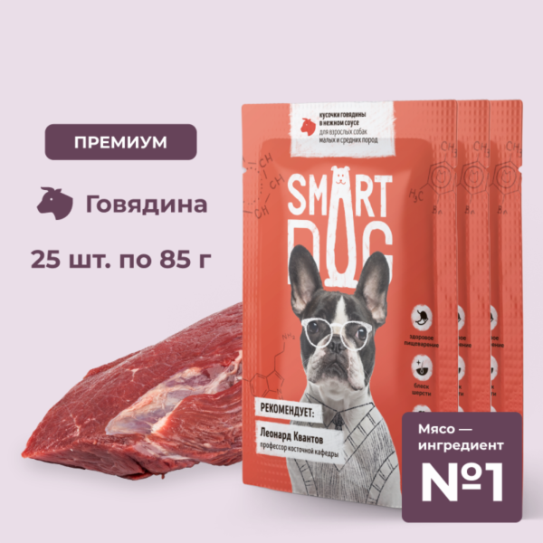 "Упаковка 25 шт" Паучи для взрослых собак малых и средних пород кусочки говядины в нежном соусе (25 шт)