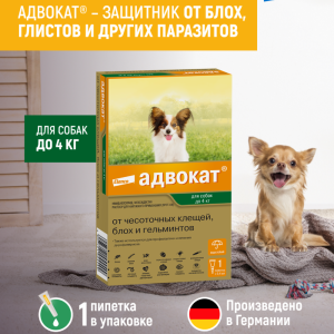 Адвокат® капли на холку от чесоточных клещей, блох и гельминтов для собак от 1 до 4кг – 1 пипетка (0,4 мл)
