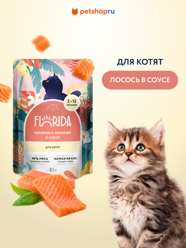 Для котят: кусочки с лососем в соусе, 1 шт. Влажный корм (85 г)