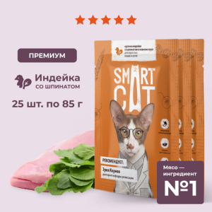 "Упаковка 25 шт" Паучи для взрослых кошек и котят кусочки индейки со шпинатом в нежном соусе. Влажный корм (25 шт)