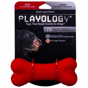 Двухслойная жевательная косточка Playology DUAL LAYER BONE с ароматом говядины, цвет красный (S)