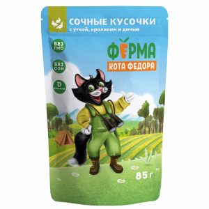 Бокс 24 шт. Паучи для кошек Ферма кота Фёдора мясные кусочки для кошек с уткой, кроликом и дичью 85г (2 кг)