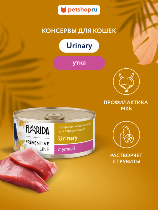 Urinary для кошек для профилактики образования мочевых камней, с уткой. Влажный, ветеринарный, диетический корм (100 г)