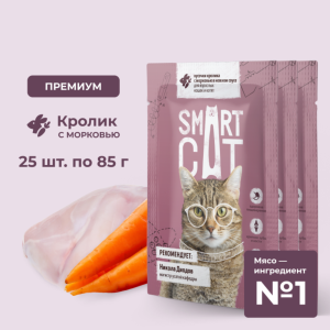 "Упаковка 25 шт"  Паучи для взрослых кошек и котят кусочки кролика с морковью в нежном соусе. Влажный корм (25 шт)