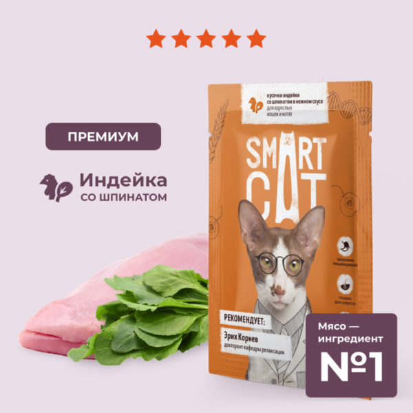 Паучи для взрослых кошек и котят кусочки индейки со шпинатом в нежном соусе. Влажный корм (85 г)